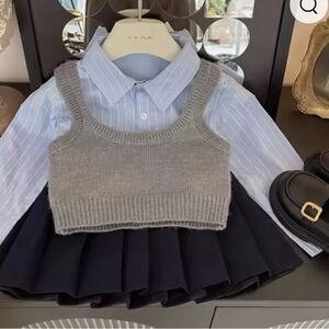 Academic Style Girl Clothes Set Knitted Vest+Blue Striped Shirt+Pleated Skirt